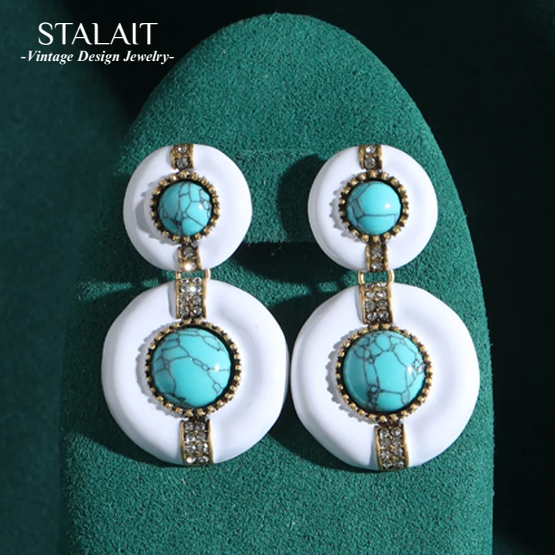 Vintage White Turquoise Earring Round Drop Rhinestone Antique Gold Color High Quality Woman Luxury Designer Jewelry Accessories