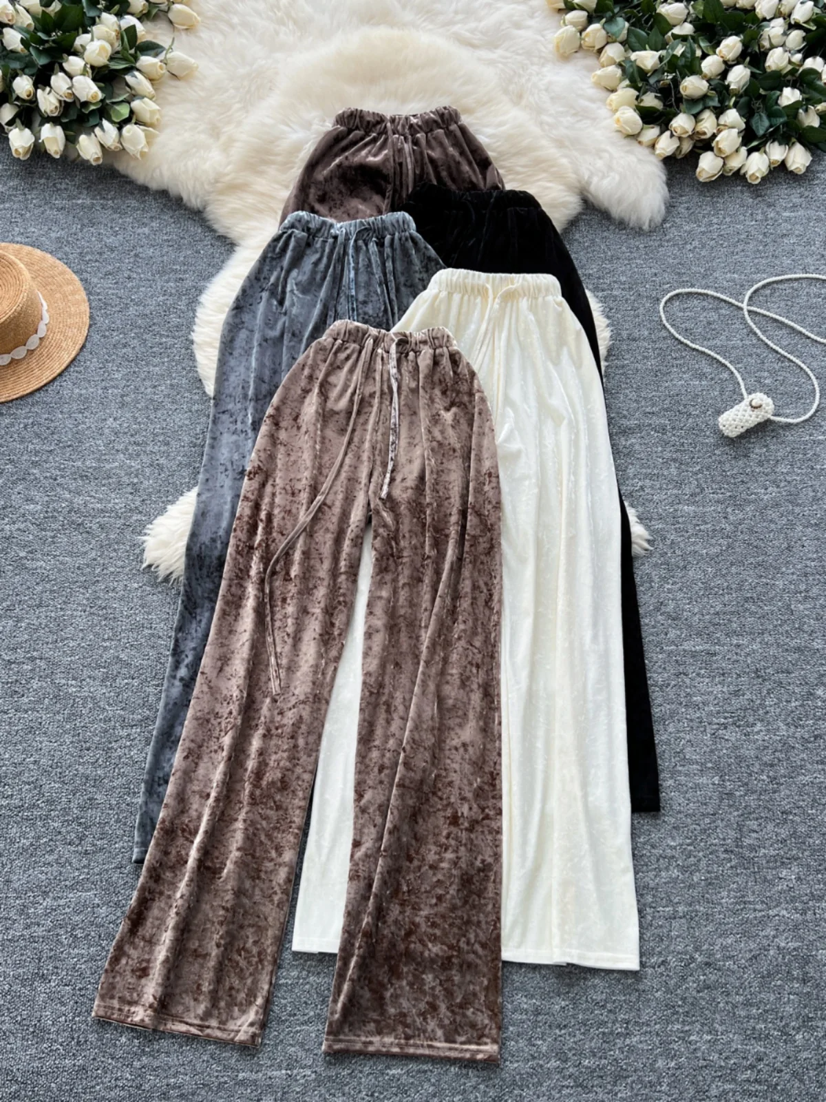 

Gold Velvet Loose Wide Leg Pants Elastic Waist Versatile Slimming Casual Straight Floor-Length Trousers Autumn 2024 New Style