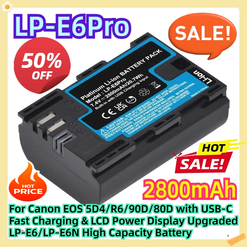 For Canon EOS 5D4/R6/90D/80D with USB-C Fast Charging & LCD Power Display Upgraded LP-E6/LP-E6N 2800mAh High Capacity Battery
