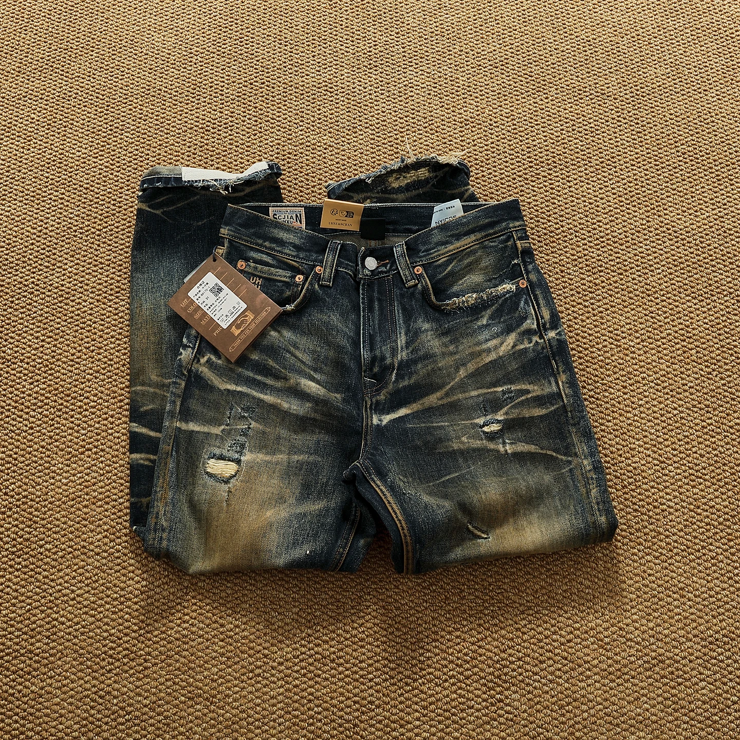 Heavyweight 14.5oz Distressed Denim Jeans for Men - High Street Style Patchwork Jeans with Oil Stain Wash (Autumn/Winter) Pants