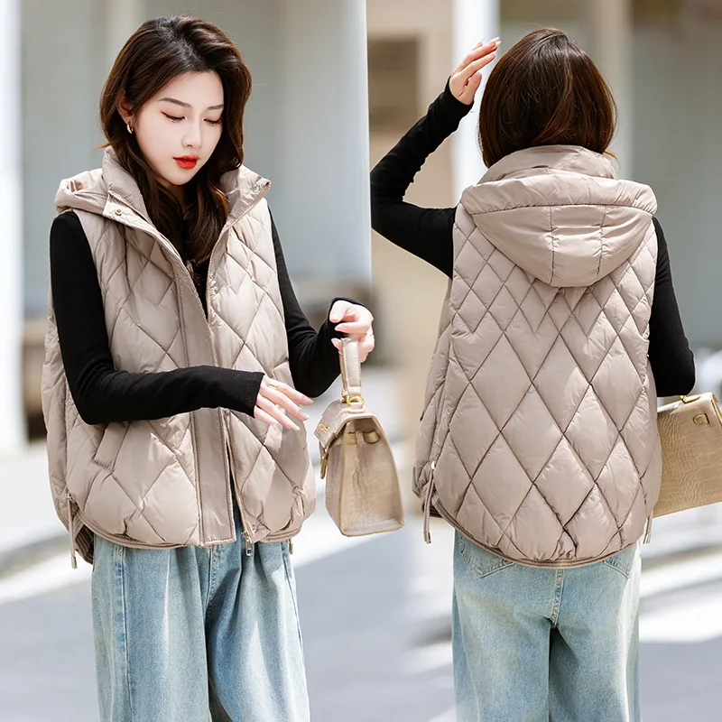 Winter New Women's Hooded Quilted Sleeveless Vest Zip Up Loose Warm Windproof Elegant Fashion Casual Daily Wear Cotton Waistcoat