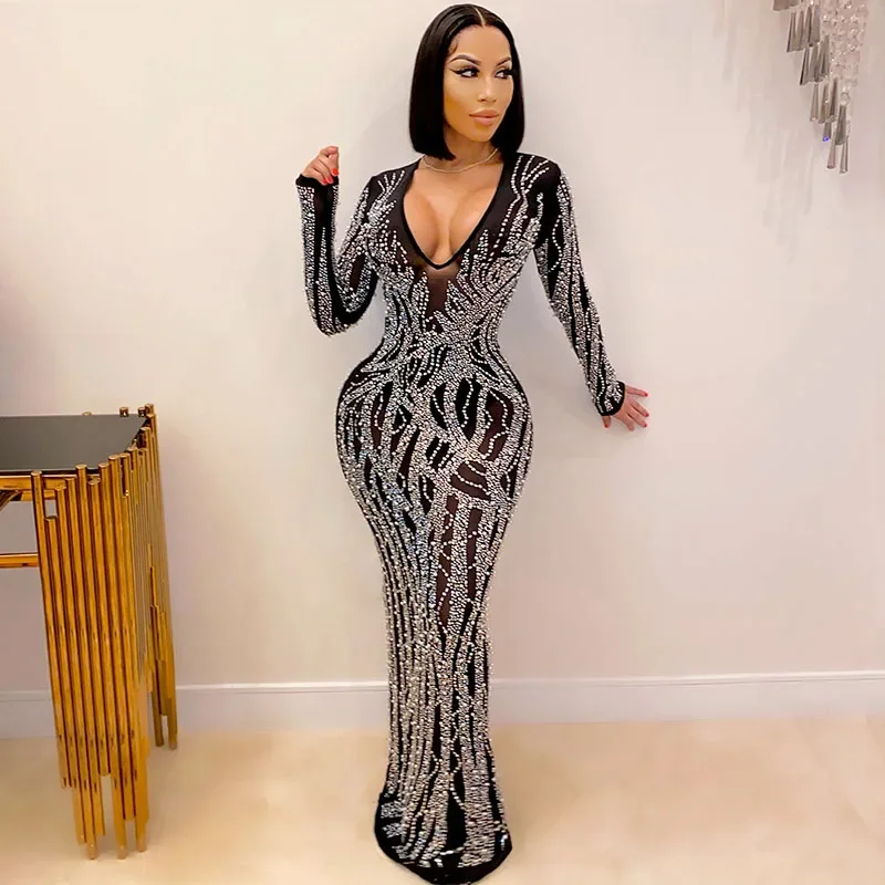 سباركلي كريستال حجر الراين Bodycon فستان ماكسي المرأة الزفاف مساء شبكة شير كلوبوير عيد الميلاد حفلة فستان طويل Vestido Longo