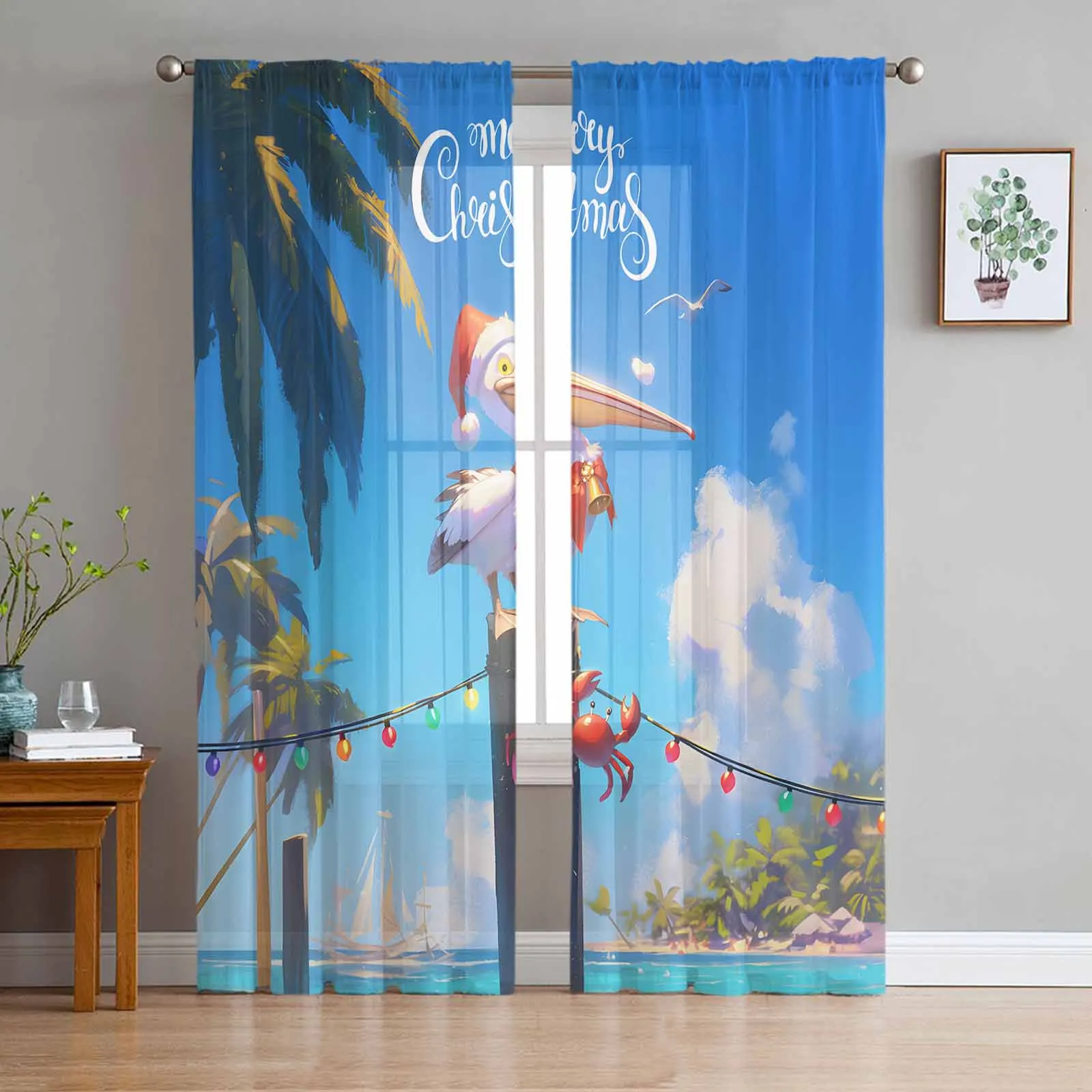 Christmas And Winter Pelicans Curtains Decorations For Home Window Tulle Curtains For Living Room Bedroom