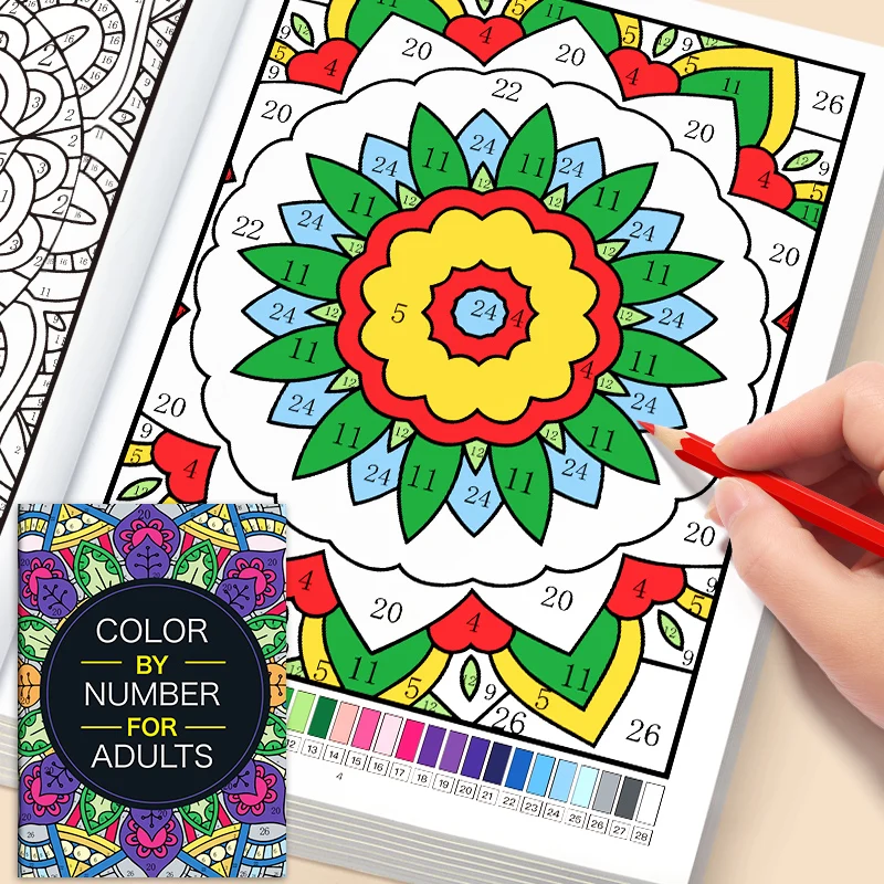 32 Pages Color By Number Mandala Coloring Book for Adults Relaxation Stress Relief Mindfulness Anti-Anxiety Therapy Gift