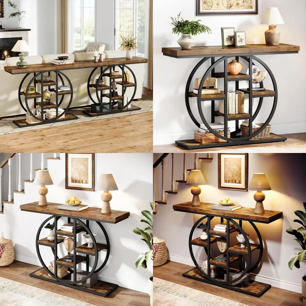 

Тумба-столик 41 в рустикальном стиле, коричневый, 4-уровневый, узкий, для прихожей или гостиной, с круглыми полками