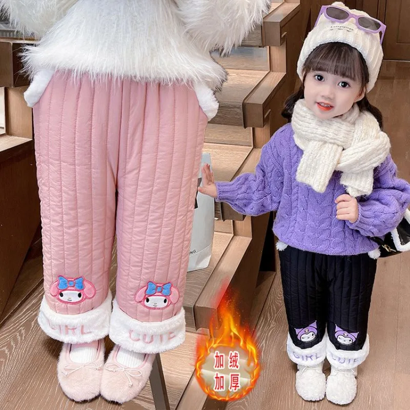 Anime Sanrio Kuromi Kawaii Girl Cotton Trousers Winter Thickened Velvet Warm Casual Baby Outer Pant Cartoon Cute Toddler Clothes