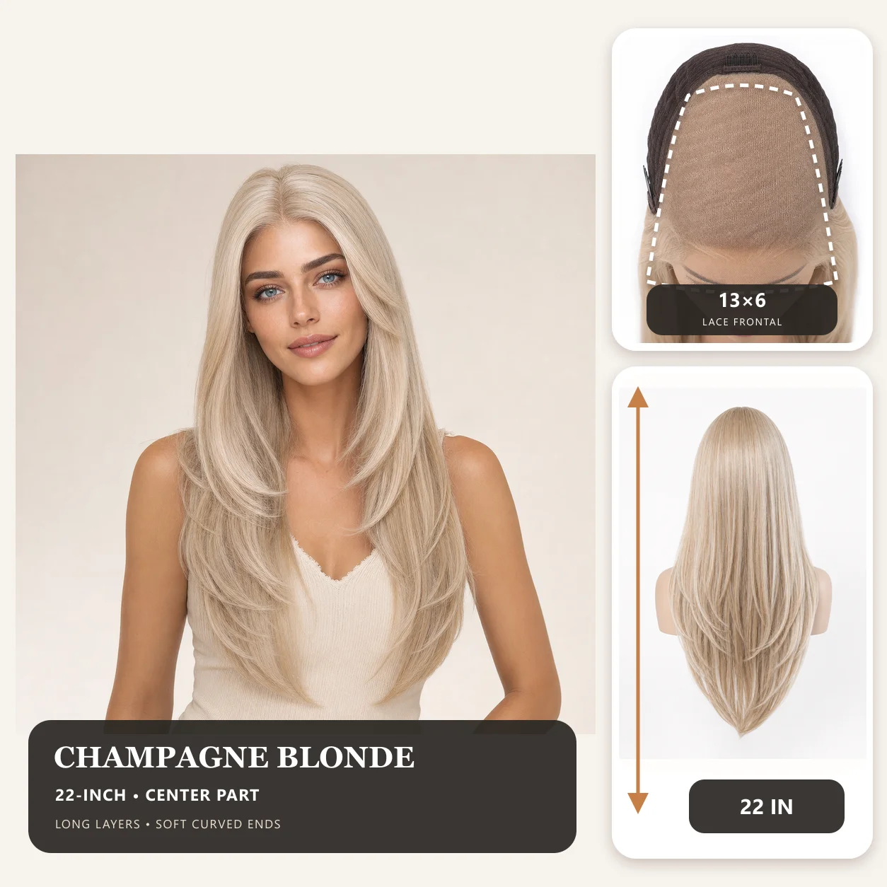 13×6 Lace Front Wig Champagne Ash Blonde 22 Inch Long Layered Straight Wig Natural Center Part Synthetic Lace Frontal Wigs