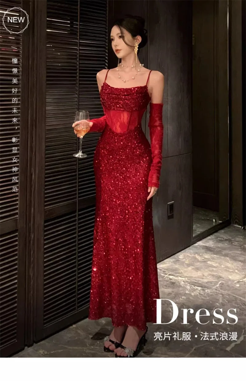 Red Sequined Camisole Waist Cinched Dress for Annual Meetings, Evening Dresses, women's Banquet Temperament, High-end Texture Fi