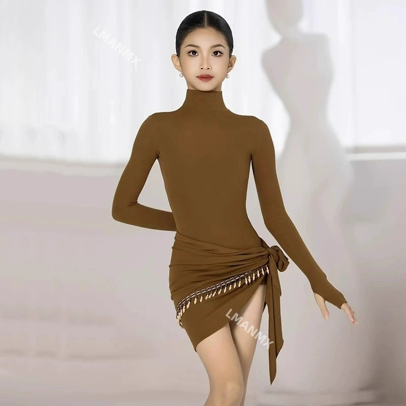 Latin dance practice outfit top, girls' new clothing, threaded autumn and winter top, half skirt