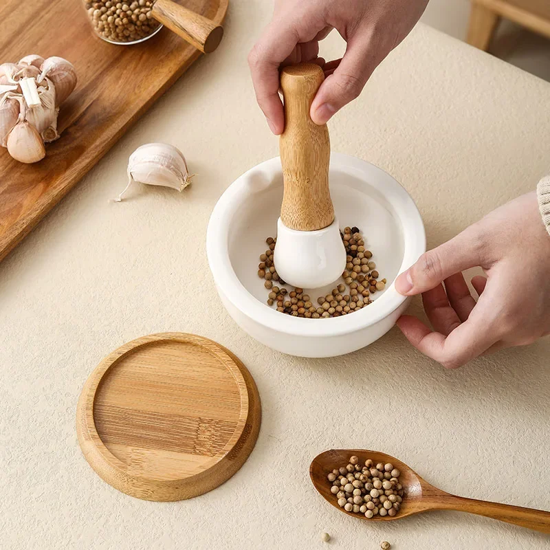 

Modern Ceramic Grinding Bowl, Garlic Mortar with Wooden Pestle, Durable Kitchen Tool, Multipurpose Grinder, Cooking Prep Tool