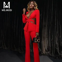 MSMUSI 2023 New Fashion Women Sexy Red V Neck Two Piece Set Bodycon Party Long Sleeve Hollow Out Blazer Top Long Pant Set Suit