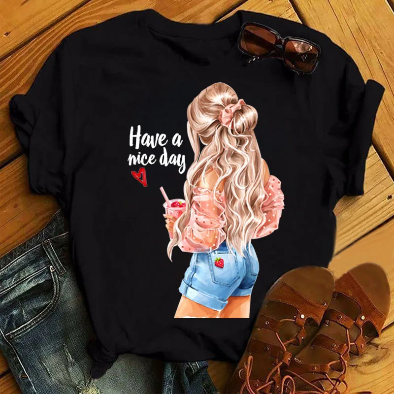 New Women T Shirt Fashion Flower Girl Print T Shirt Female Short Sleeve Summer Tops Ladies Cute Graphic Tee Shirts Woman T-shirt