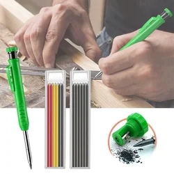 Solid Carpenter Pencil Set Built-in Sharpener with 6 Refill Leads Mechanical Pencil Marking Tool Kit for Woodworking Architect