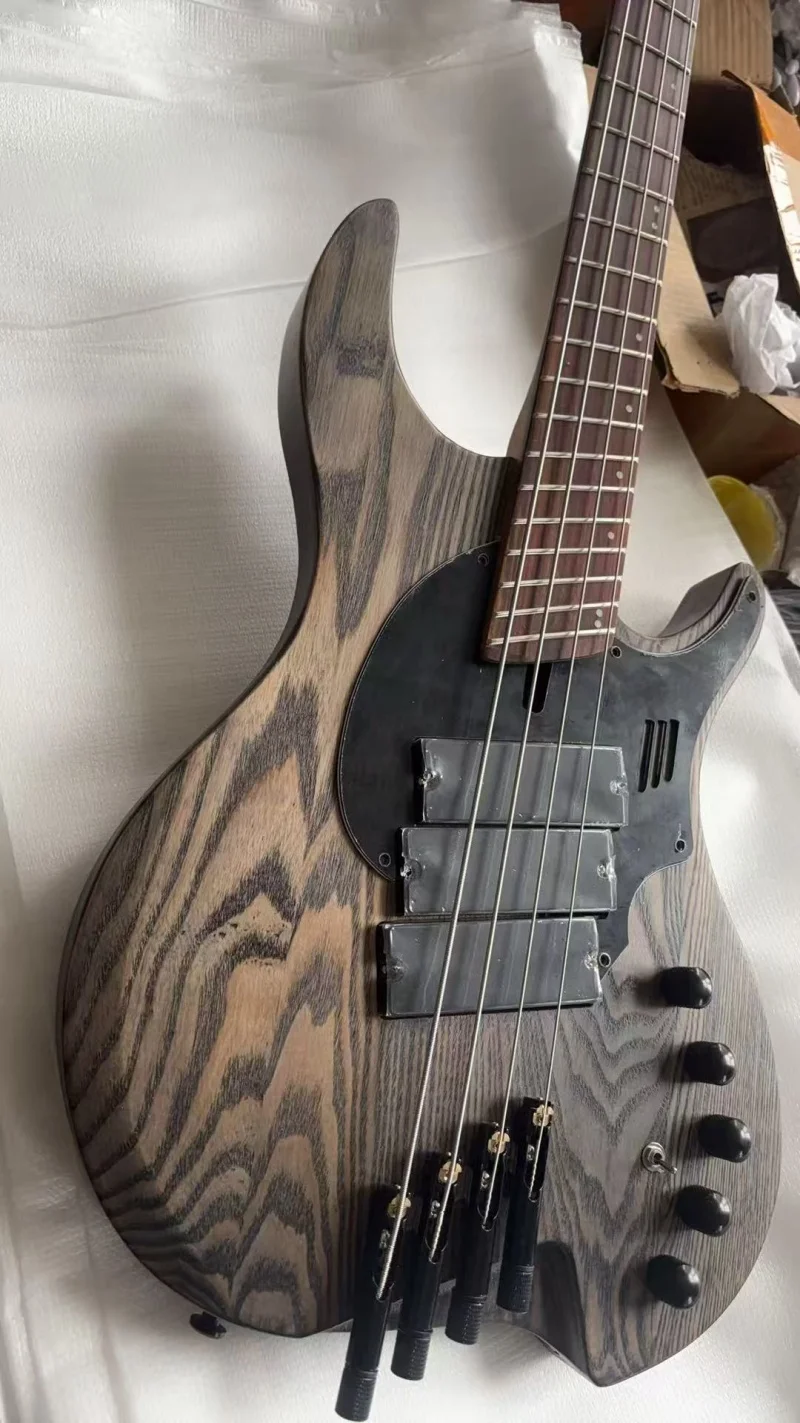 Bajo eléctrico de 4 cuerdas sin mástil, diapasón en forma de abanico de palisandro, escala de 34 y 37 pulgadas, mástil de arce tostado, electrificado