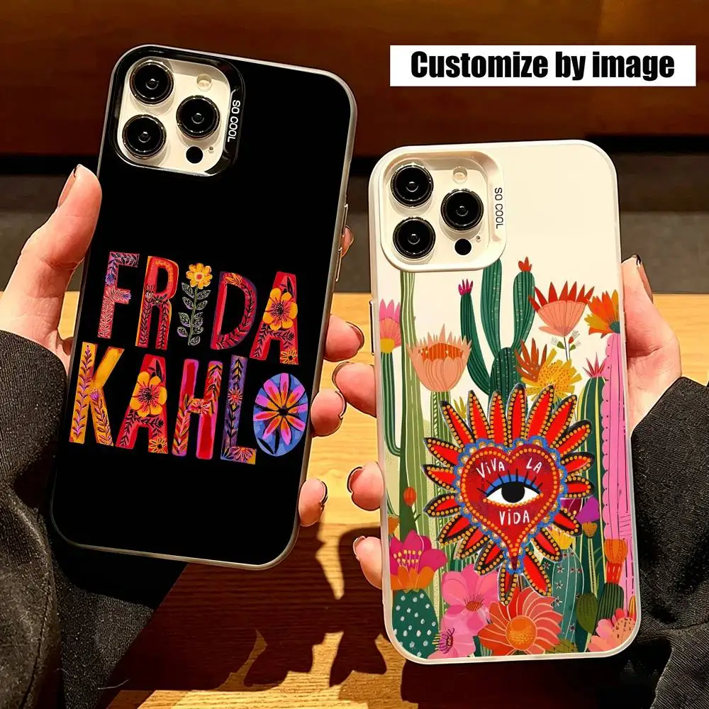 Capa de Celular Fashion F-Frida Kahlo para iPhone 17, 16, 15, 14, 13, 12, 11 Plus, Pro Max, XS, Capa Colorida Prateada Funda Cover