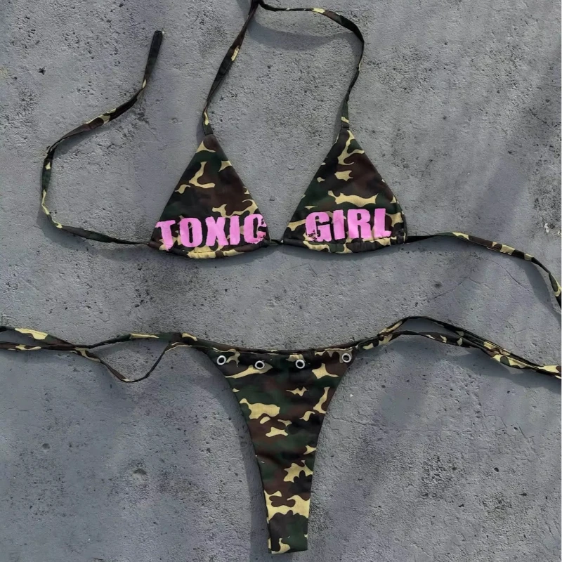Women's Triangle Bikini Set Camouflage Print Sexy Y2K Micro Bikini Swimwear Summer Beach Vacation Party Bathing Suit For Female