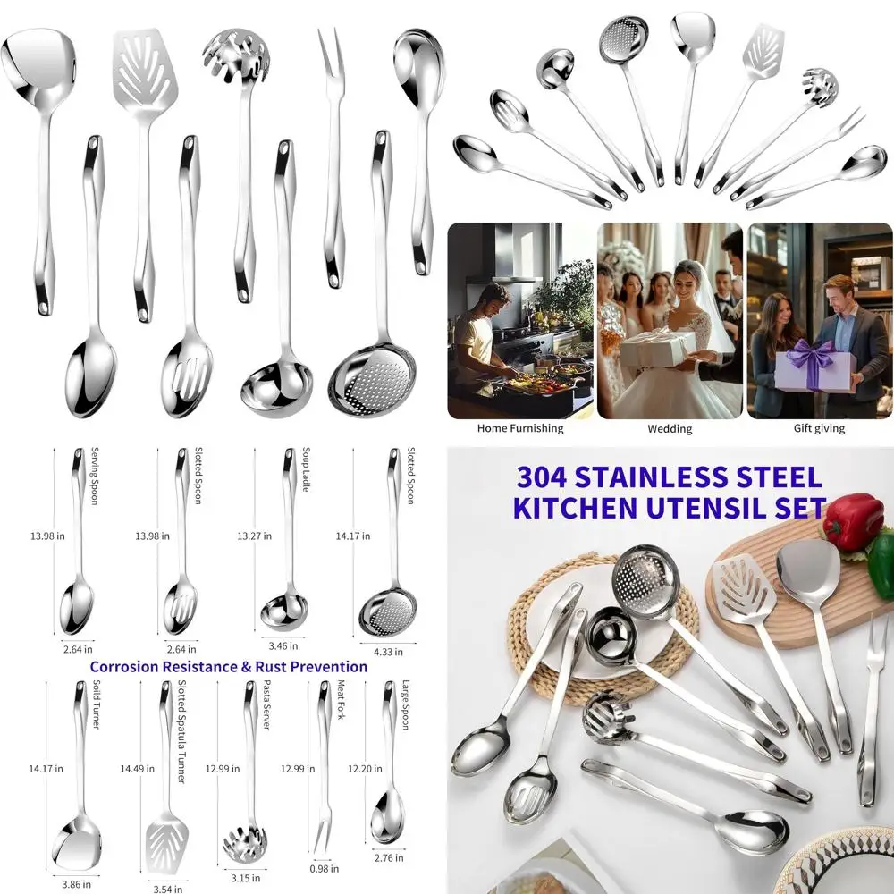 

9-Piece 304 Stainless Steel Cooking Utensil Set, High-Temp Resistant, Dishwasher Safe with Hanging Feature (Silver)