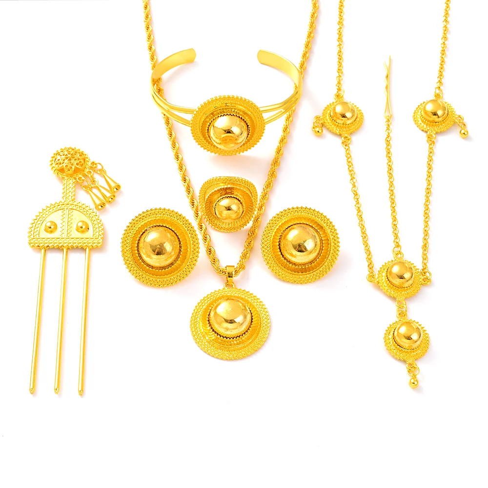 Luxury Gold Color Bridal Jewelry Sets Women Ethiopian Pendant Hairpin Necklace Earrings Bangle Ring Wedding Party Gift