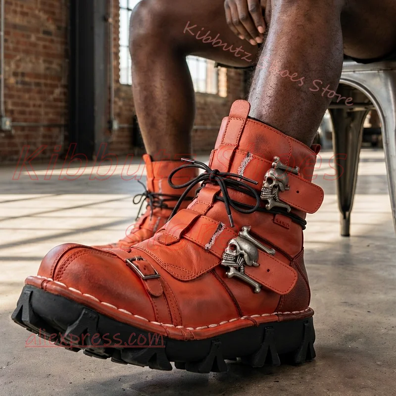 Skull Buckle Ankle Boots Vintage Leather Lace Up Chunky Sole Round Toe Punk Rock Streetwear Shoes Mixed Color Luxury Fashion New