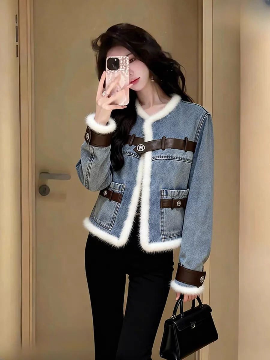 Denim Coats With Rhinestone Woman Fur Plush Womens Winter Standneck Lined Pleated Drawstring Outcoats Steampunk Festival Relaxed
