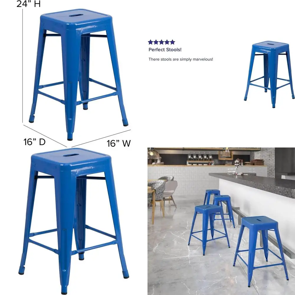 

24 Blue Metal Counter Stool with Square Seat, High Backless, Commercial Grade for Indoor & Outdoor Use