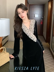 Fashion Party Vintage Dots Mesh V-neck Patchwork Velvet Long sleeve Dress for Women High quality evening dresses vestidos
