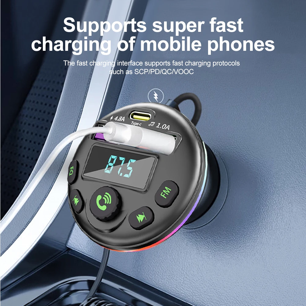 Car Bluetooth 5.0 FM Transmitter Audio Receiver Handsfree Call With USB PD Fast Charge 3 in 1 Charge Cable for IPhone Huawei