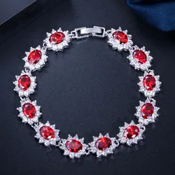 CWWZircons Beautiful Elegant Design White Gold Color Big Red CZ Crystal Flower Charm Bracelets Bangle for Women Jewelry CB161