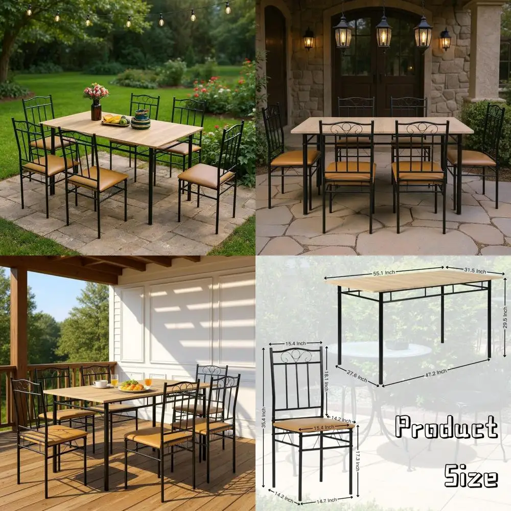 طقم طعام خارجي مكون من 7 قطع مع طاولة خشبية وكراسي معدنية محببة، مثالي لسطح السفينة والحديقة وتجمعات الشرفة #1