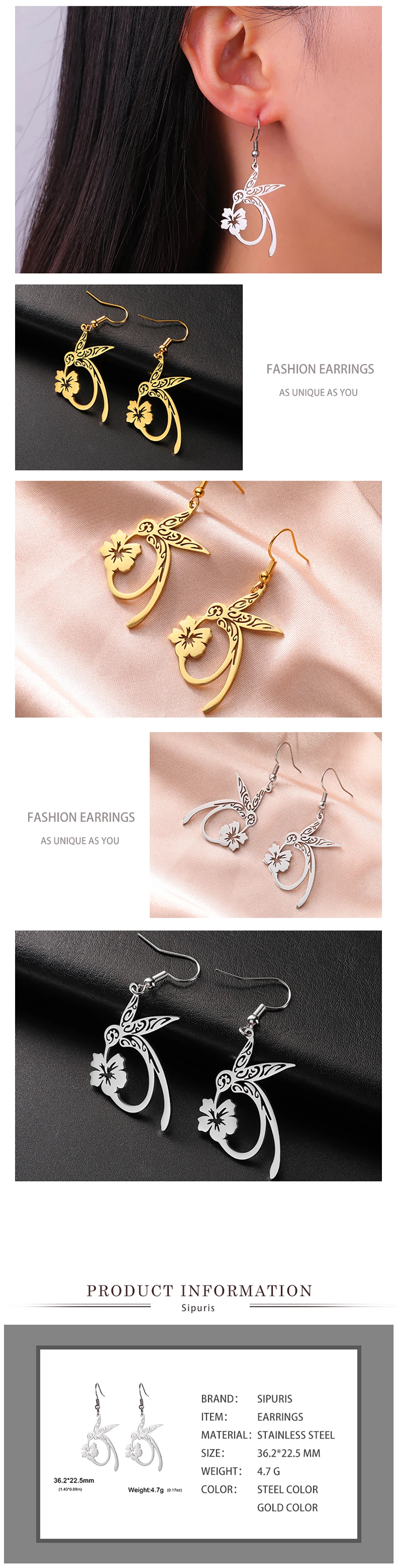 Sipuris Kolibris sammeln Honig Hohle Ohrringe für Frauen Edelstahl Goldfarbe Niedlicher Lustiger Tier-Schmuck Weihnachtsgeschenke – Detail 6