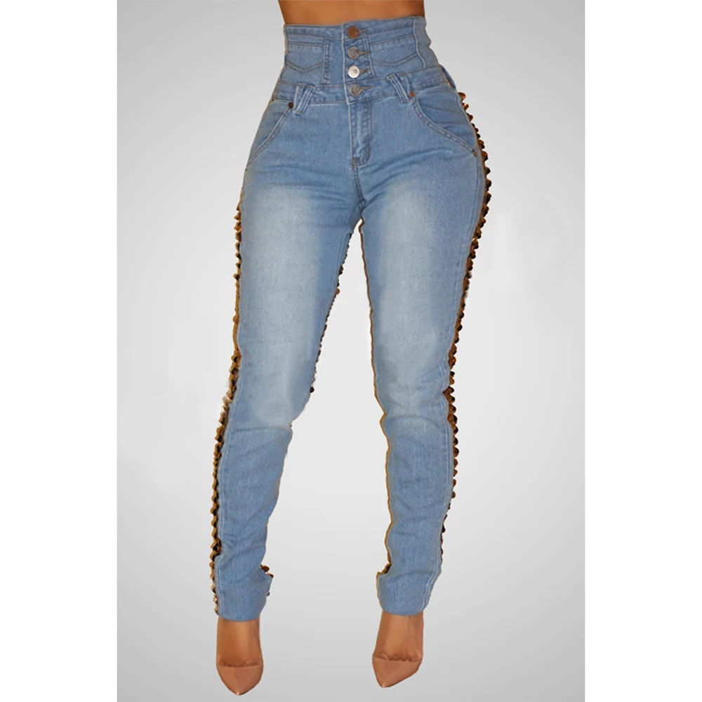 Jeans de soirée dorés pour femmes, tenue de soirée longue, couleur contrastée, grande taille, résistant, quatre saisons, automne et hiver