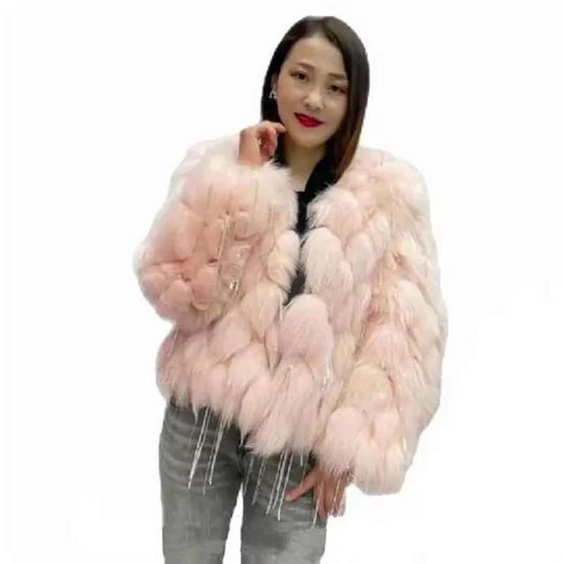 Natural Fox Fur Coat With Tassels Fashion winter Warm fur coat women CoatsReal Fox Fur jackets fur coatThick Jackets