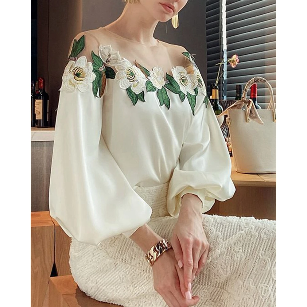 

Women Fashion Sheer Mesh Patchwork Embroidery Floral Decor Long Sleeve Blouse Femme Satin Summer Elegant Shirts Blouse Top Women