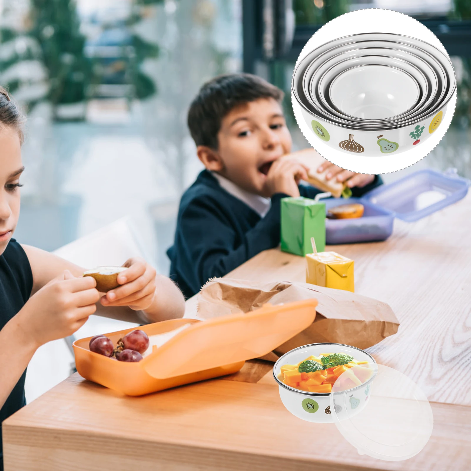 

5pcs Fresh-Keeping Bowl Set Enamel Salad Bowl Sealing Food Container For Home Camping Picnic Soup Noodle Fruit Bowls Kitchenware