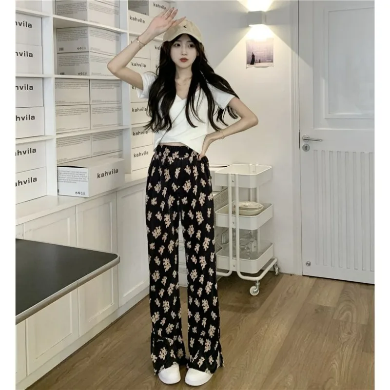 2025 sommer Neue Bär Tie-dye Casual frauen Lose Vielseitige Hosen Boden-wischen Hohe Taille Drapieren Breite bein Hosen