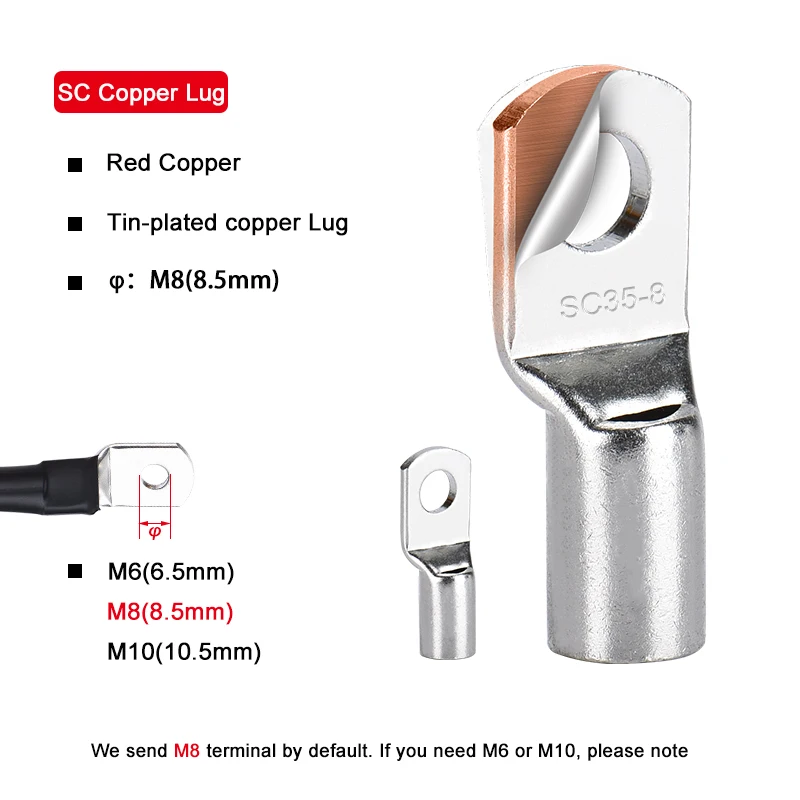 Battery Inverter Connection Cable Set with Terminals 8/6/4/2 AWG 10/16/25/35mm2 UPS Wire Stranded Red Copper Core Tin-plated Lug