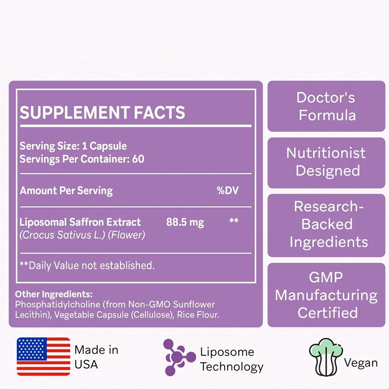 Liposomal saffron supplement 88.5 mg, 100% pure saffron extract capsules, used for emotions, energy, vision, and focus