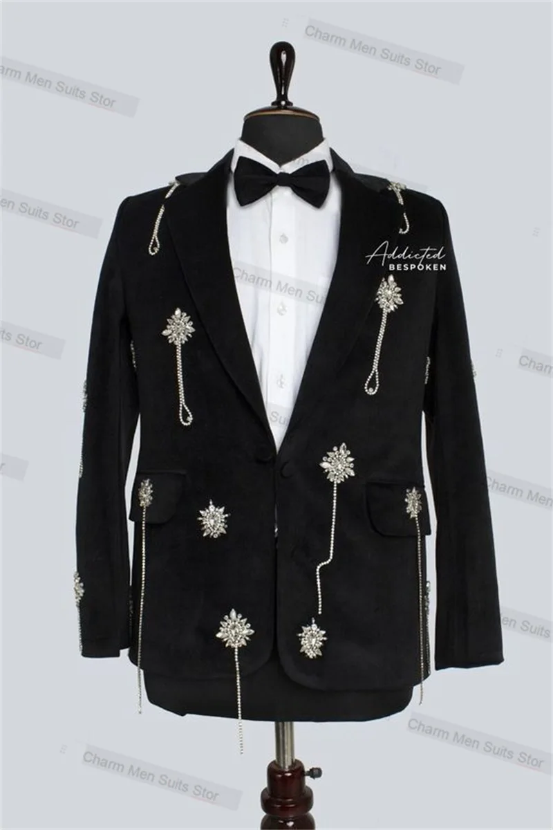 

Formal Black Men Suits Set 2 Piece Blazer+Pants Custom Made Jacket Office Business Groom Wedding Tuxedo Crystals Beading Coat