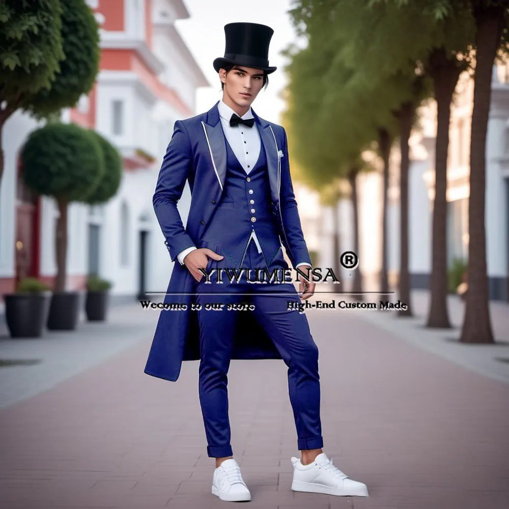 Traje de mago ajustado para hombre, chaqueta de botonadura única, chaleco largo, pantalones, esmoquin de boda para novio, ropa de fiesta de cena a medida, 3 piezas