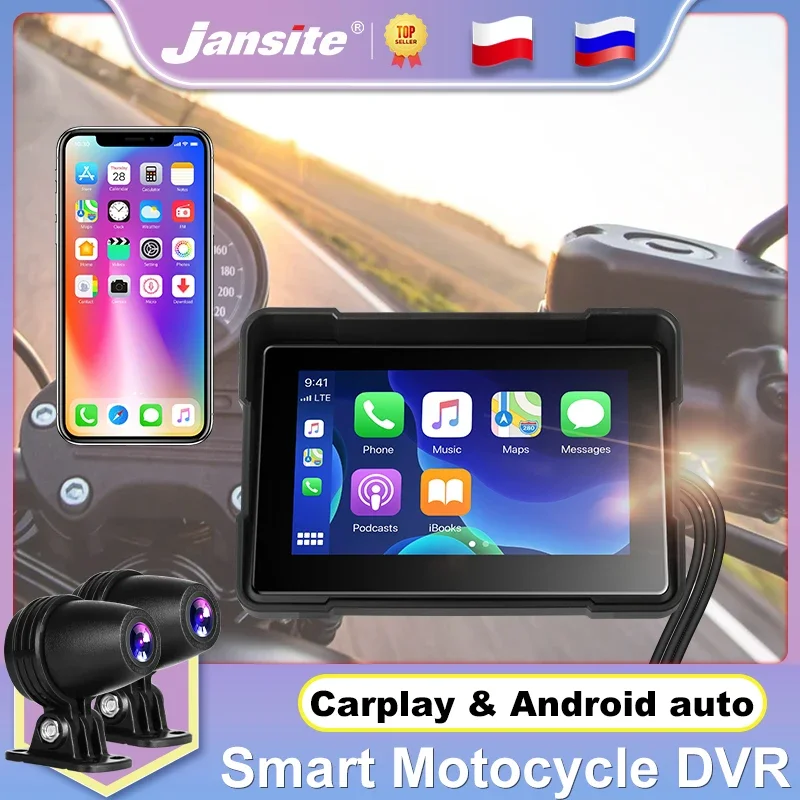 

Jansite 5" Motorcycle DVR 720P IPS Screen Registrar Wireless Carplay Android auto Waterproof Moto Camera Dash cam Dual Lens BT