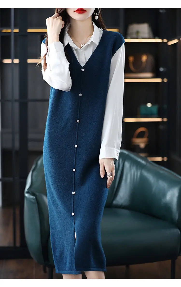 Long, Medium to Long Sleeveless Knitted Knee Length Vest Skirt Autumn Winter V-neck Solid Dress Stylish Sweater and Camisole