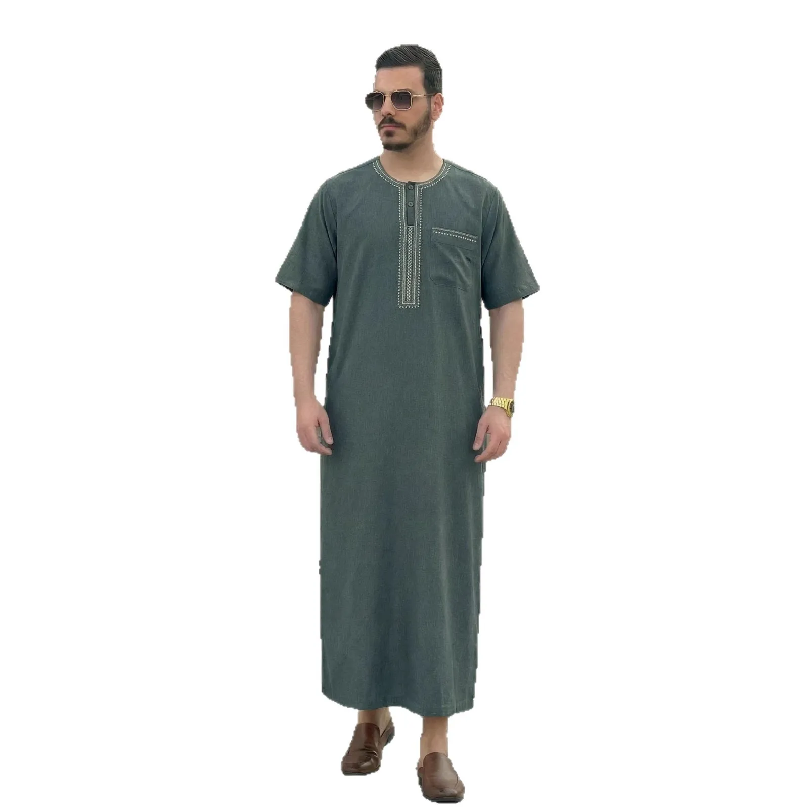 Middle East Fashion Men Spliced Long Robe Jubba Thobe Long Sleeve Abayasn Pullover Tops Loose Fit Africa Casual Print Summer