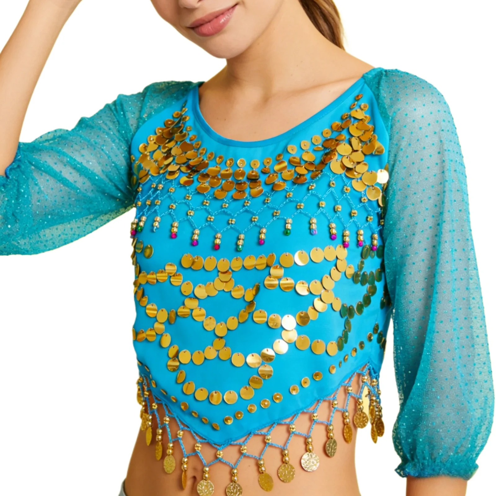 المرأة الشيفون طويلة الأكمام الرقص الشرقي المحاصيل الأعلى لامعة الترتر الذاتي التعادل الظهر غير النظامية هيم القمم كرنفال الأداء زي