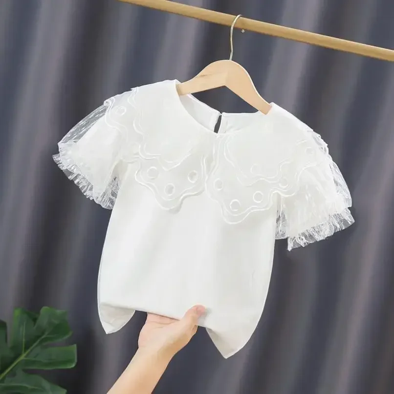 3-10 Years Summer Baby Toddler T-Shirt School Girls White Blouse Cotton Short Sleeve Girl Lace Tops Kids Shirt Children Clothes