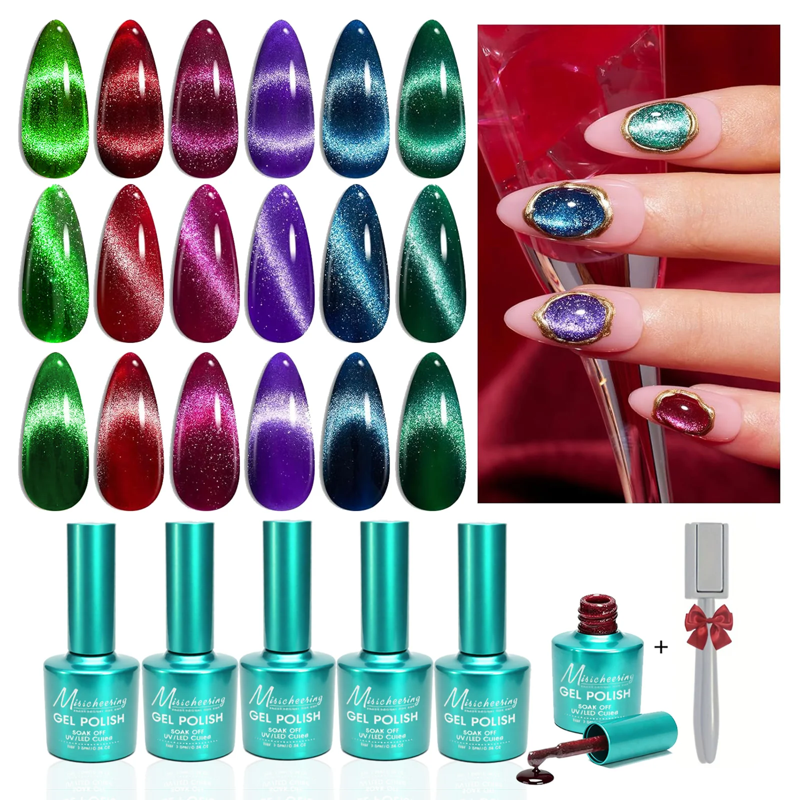 

Cat Eye Gel Nail Polish Set 6 Colors Glitter Gel Polish Kit Burgundy Magnetic Effect Sparkle Stunning Soak Off UV Manicure