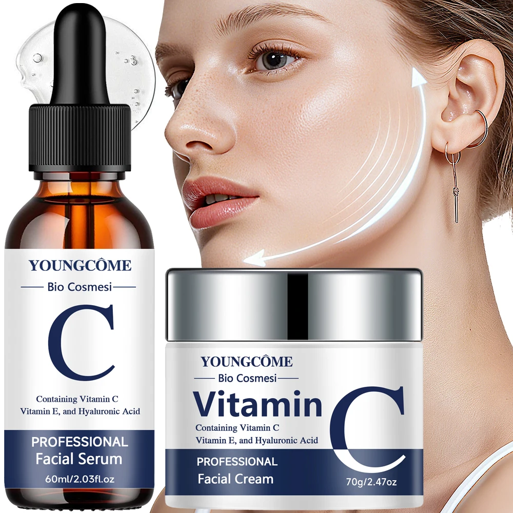 Conjunto de soro creme facial com ácido hialurônico de vitamina C E - rotina hidratante nutritiva para cuidados com a pele facial para uso diário