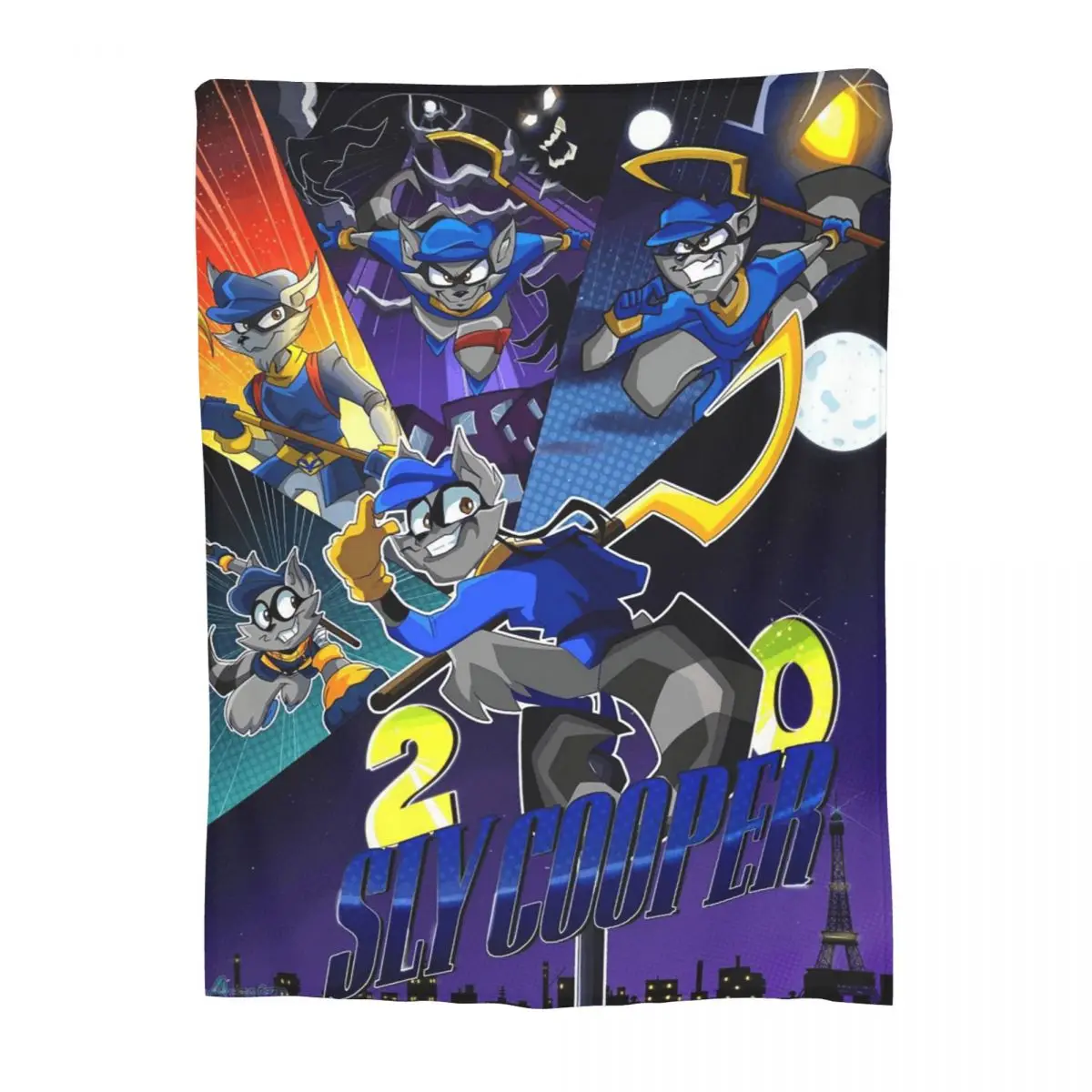 Manta de Franela Cálida con Diseño de Collage de Cómics de Sly Cooper, Raccoon, Fox, Turtle, Hippo, para Sala de Estar
