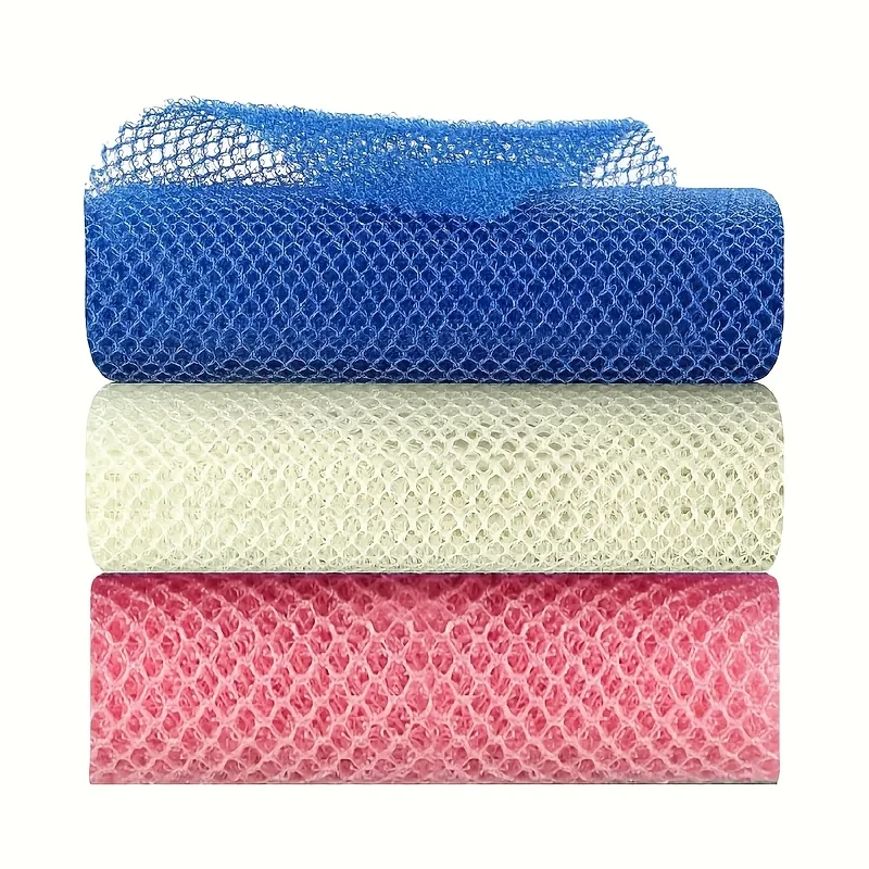 Serviettes de bain longues en filet africain 3 pièces – Épurateurs de lavage du corps rétractables, pour hommes et femmes, exfoliant du dos/corps, conception de serviettes vibrantes