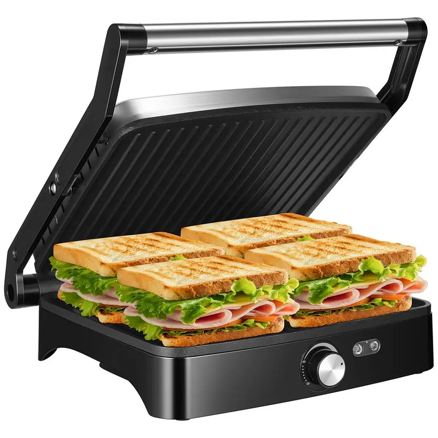 Prensa para panini con temperatura ajustable, grill interior para 4 rebanadas, máquina para hacer sándwiches abiertos de 180° con bandeja de recogida de grasa, placas antiadherentes, St