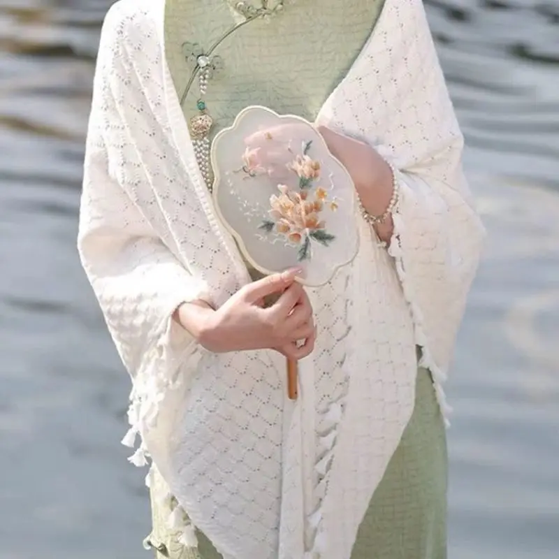 Spring Womens Elegant Plaid Tassel Shawl With Pin